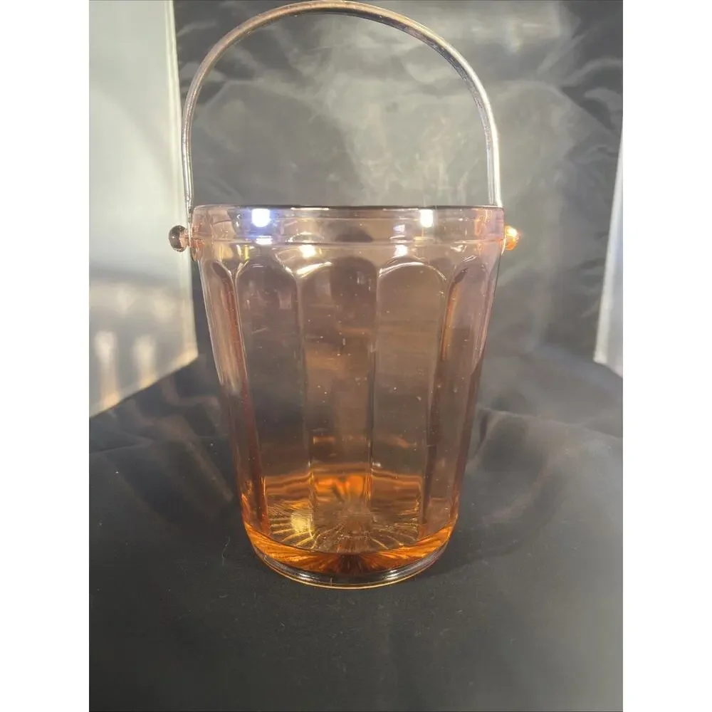 Vintage Pink Depression Glass Ice Bucket Barware With Attached Metal Handle